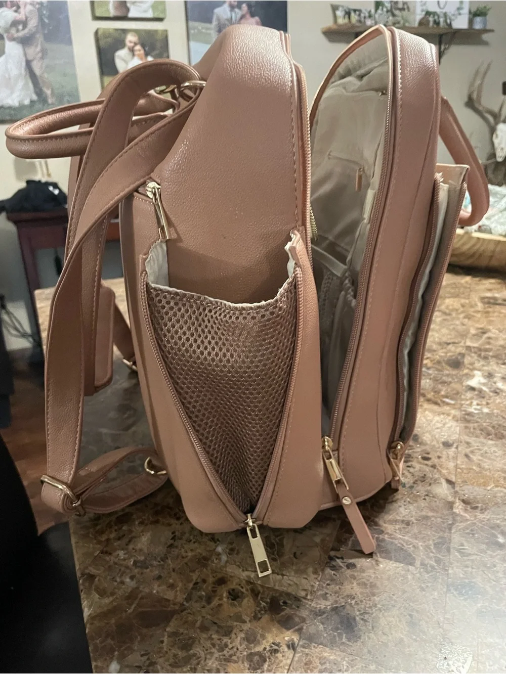Ayla & Co tan Baby Bag Backpack - Convertible Diaper Tote